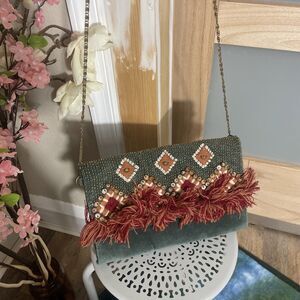 America and Beyond Green Embroidered Velvet Crossbody Clutch Boho Fringe Bag